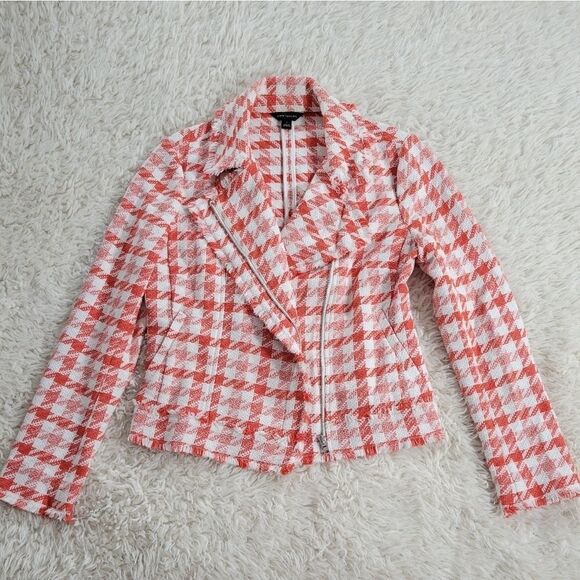 Ann Taylor Cotton Tweed Houndstooth Moto Jacket Orange White S - Picture 8 of 10